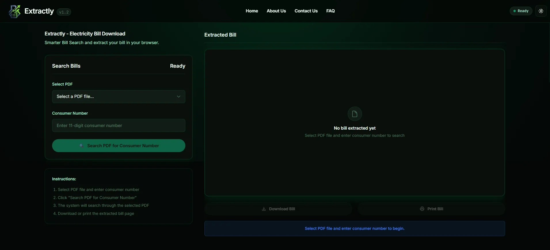 Extractly electricity bill search and extraction interface