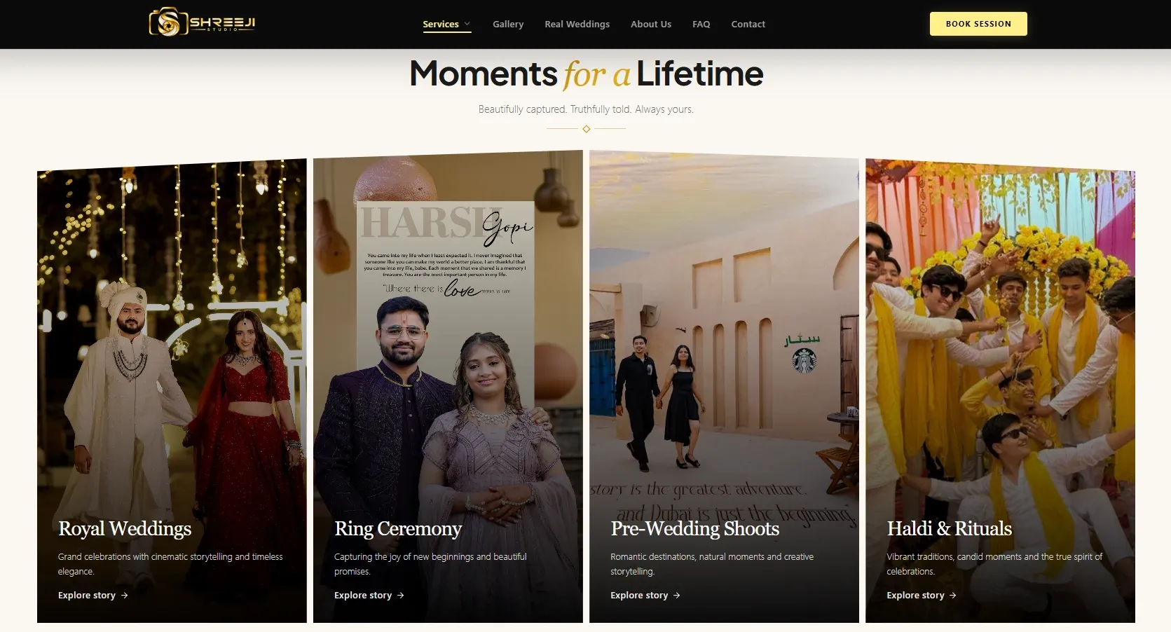 Shreeji Studio website showcasing wedding, ring ceremony, pre-wedding, and haldi photography