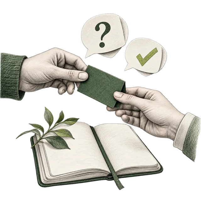 Illustration of hands exchanging a question card above an open notebook