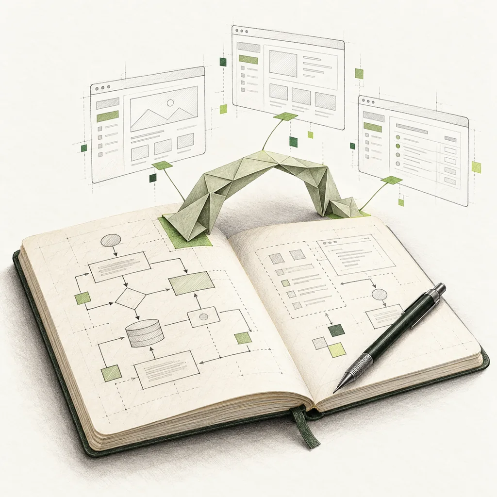 A pencil-drawn notebook with a software flowchart becoming an origami bridge and interface cards