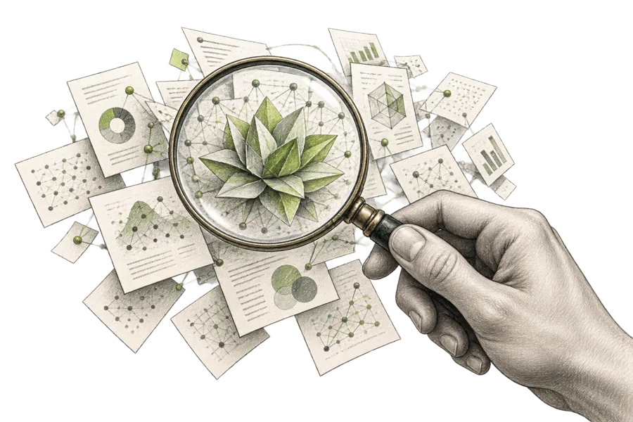 Illustration of a magnifying lens finding a coherent pattern in information cards