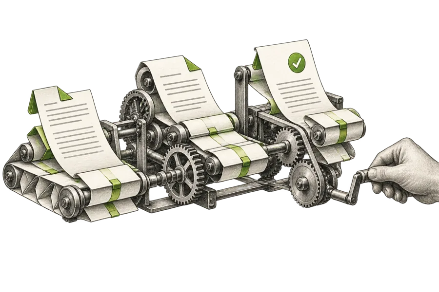 Illustration of connected document conveyors and a hand-operated workflow mechanism