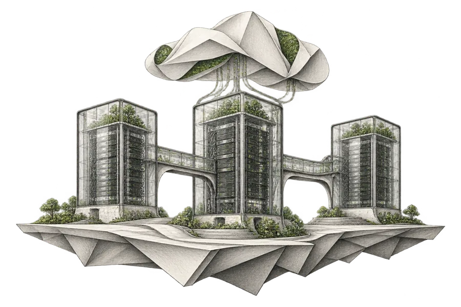 Illustration of glass server towers connected by bridges beneath a paper cloud