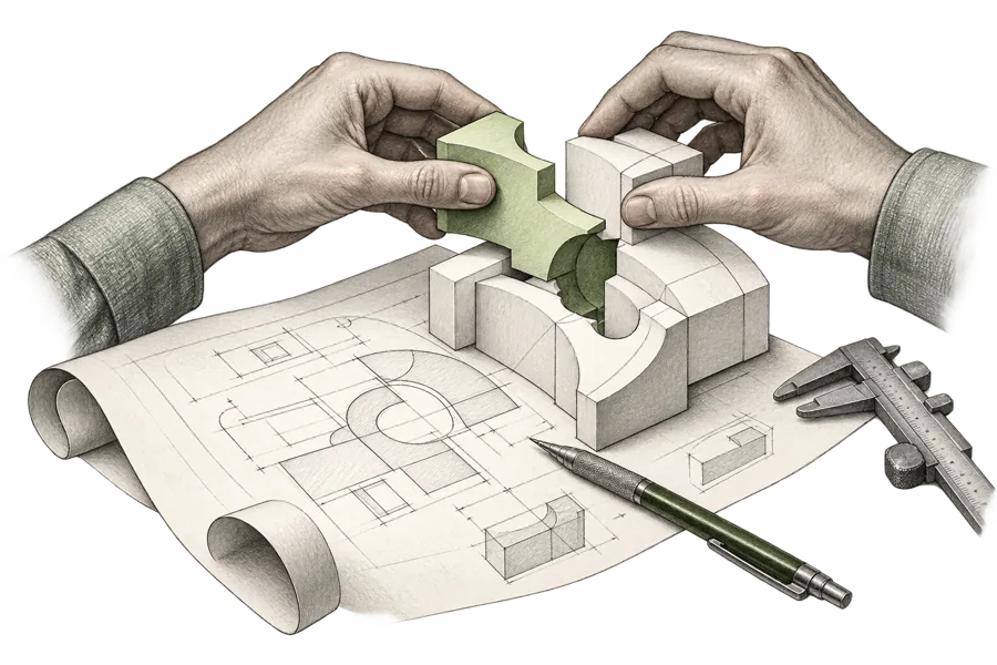 Illustration of hands fitting a bespoke module into an engineering blueprint