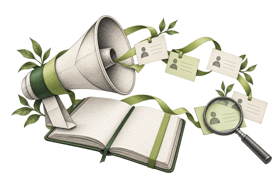 Illustration of a paper megaphone and connected customer conversation cards