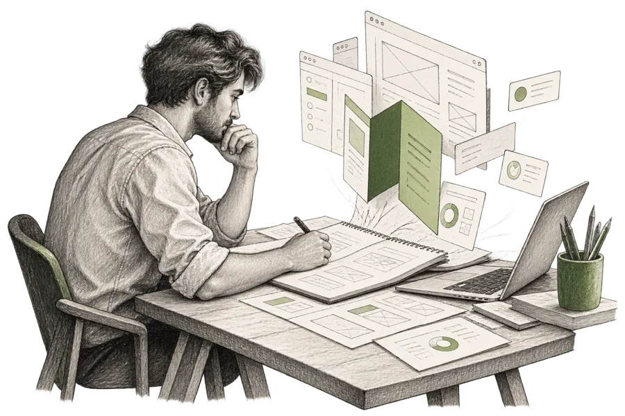Illustration of a software designer shaping paper interfaces at a drafting desk