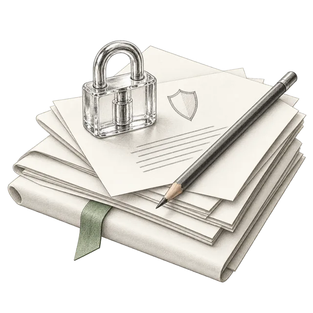 A white graphite still life of document sheets and a small glass padlock