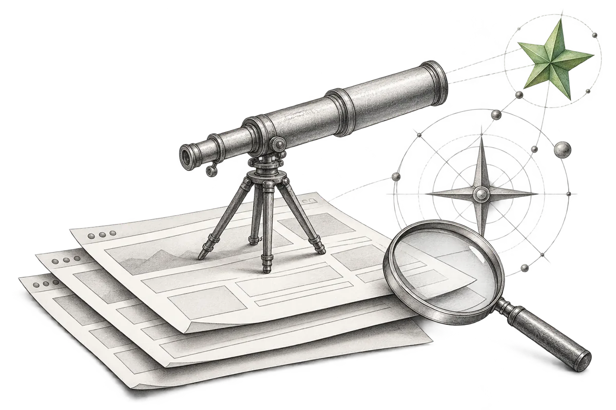 A monochrome sketch of a telescope above paper browser pages, looking toward an origami star
